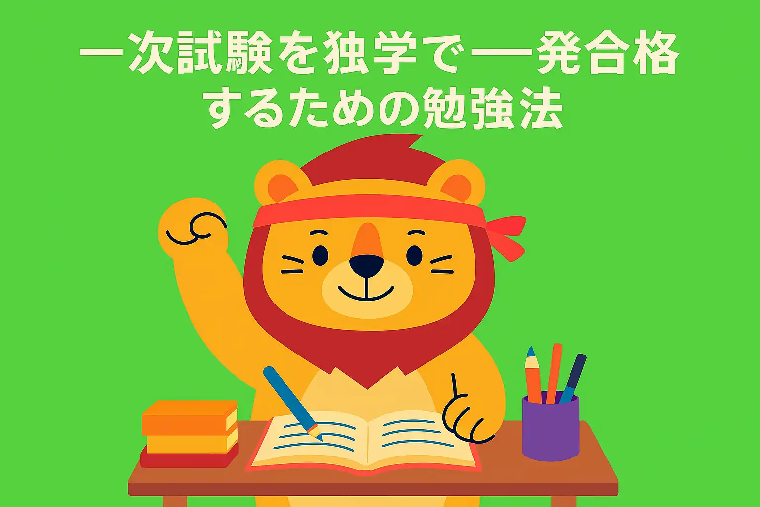 鉢巻きを巻いたライオン（筆者）が机で勉強しているイラスト。中小企業診断士一次試験に独学で一発合格を目指す明るいイメージ。