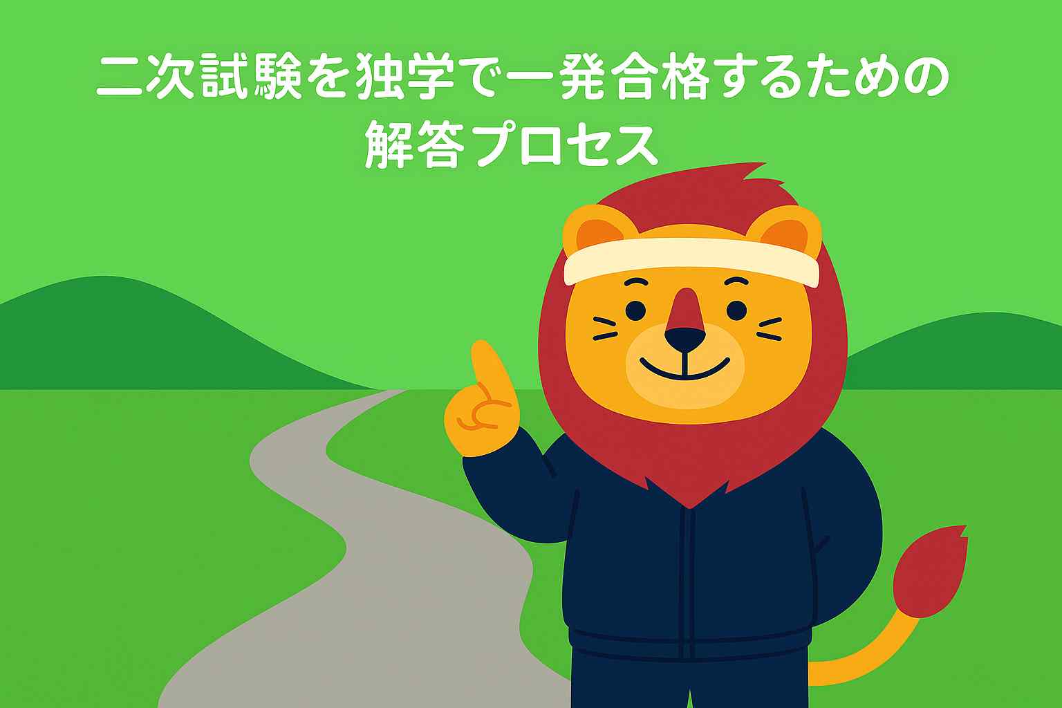 中小企業診断士二次試験を独学で一発合格するための解答プロセスを解説するイラスト。ジャージ姿のライオンが指を立てて説明している。