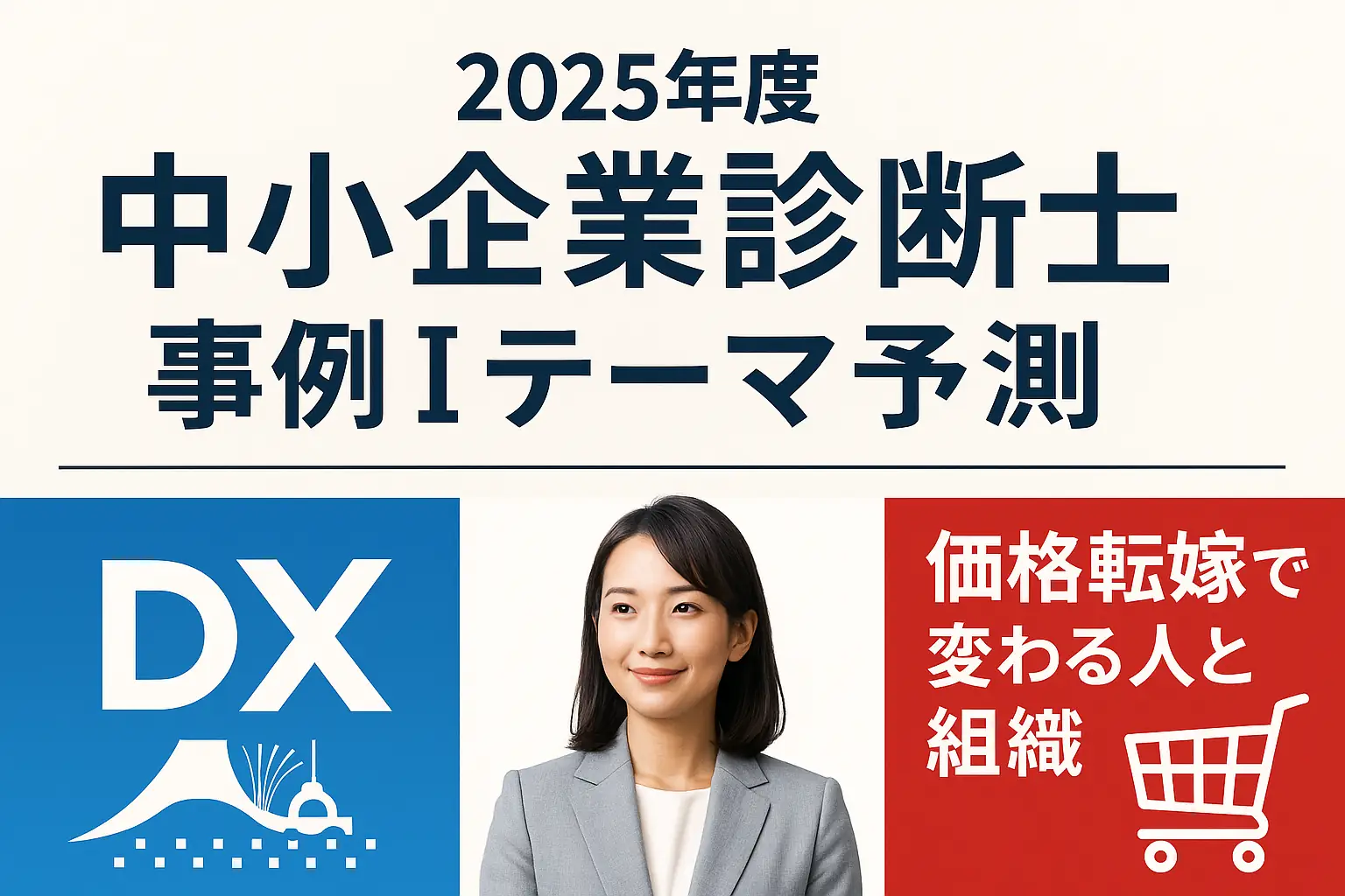 2025年度中小企業診断士 事例Ⅰテーマを象徴するDX・万博・価格転嫁のイメージ図