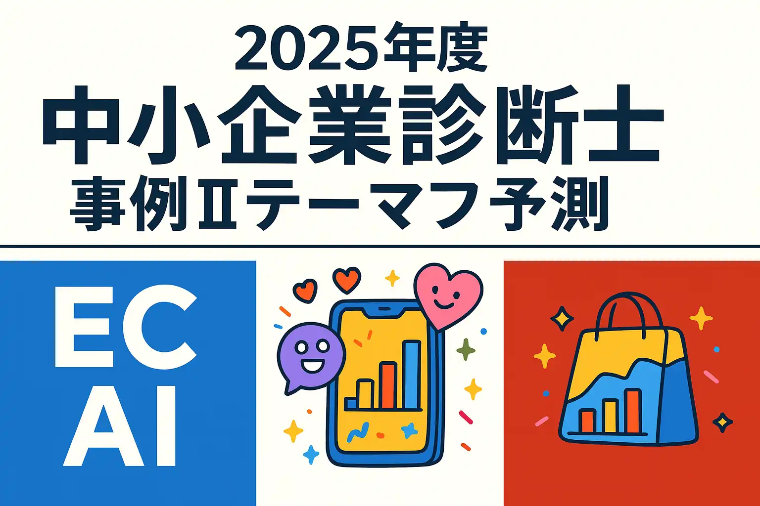 2025年度 中小企業診断士 事例Ⅱのテーマ予測を象徴するライブコマース・生成AI・サブスクのイメージ図