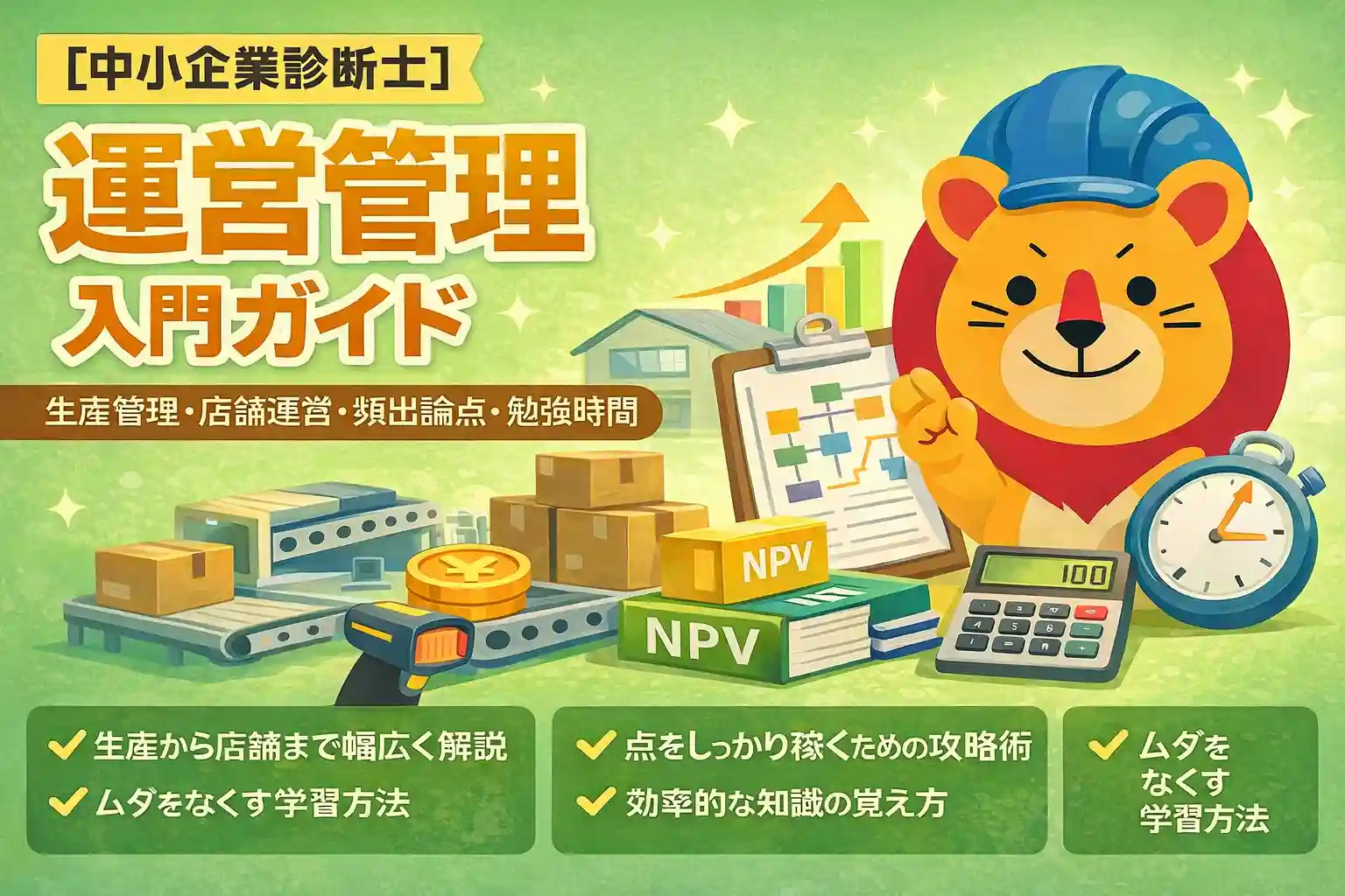 中小企業診断士 運営管理の入門ガイド｜生産管理・店舗管理の全体像・頻出論点・得点戦略・勉強時間を体系的に解説するアイキャッチ画像